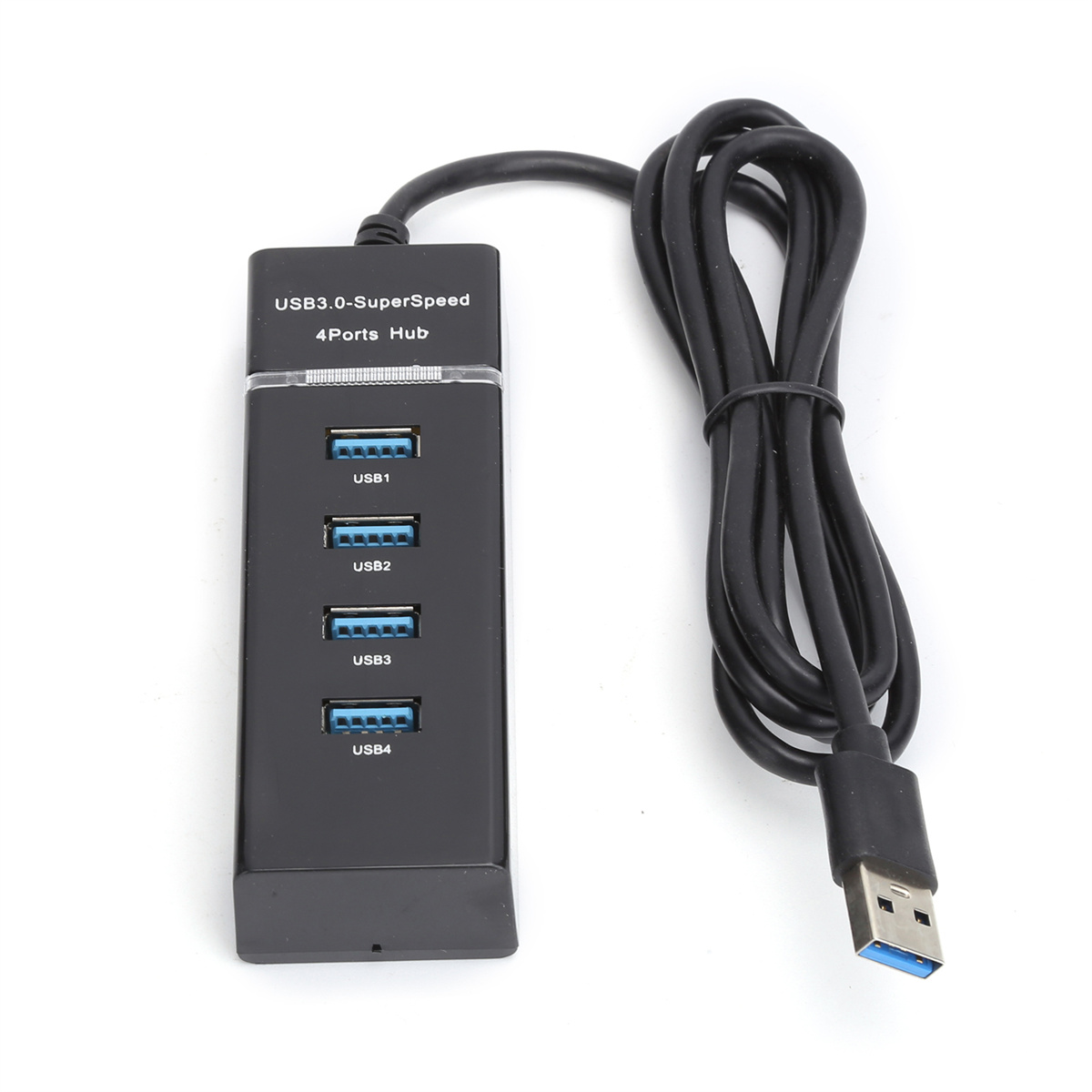 Ein schwarzer USB 3.0-Hub mit 4 Anschlüssen und einem schwarzen Kabel.