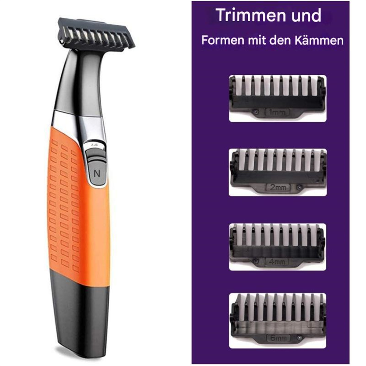 Orangener und schwarzer Trimmer mit vier Kammaufsätzen. Text: Trimmen und Formen mit den Kämmen.