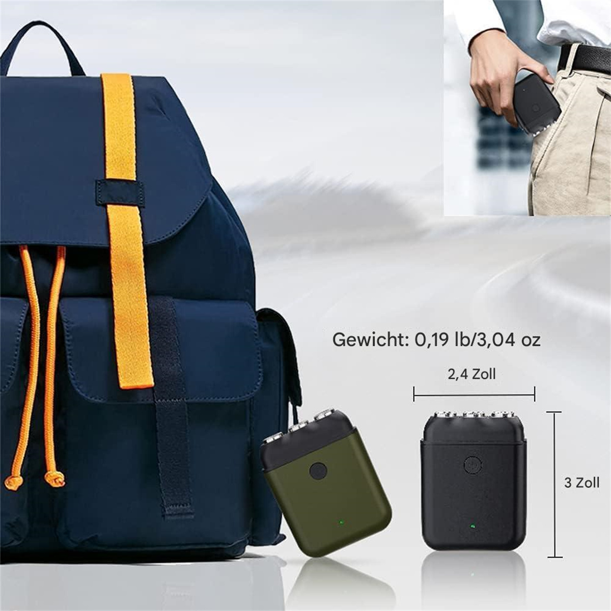 Ein blauer Rucksack mit einem orangefarbenen Streifen neben zwei kleinen schwarzen Geräten und eine Grafik.