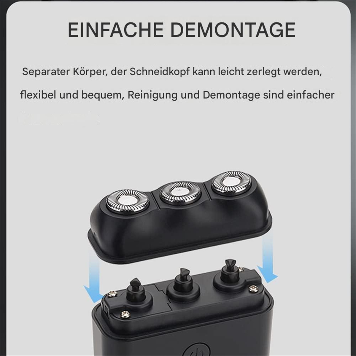 Explosionsansicht eines Elektrorasierers, die den abnehmbaren Kopf und die Basis mit drei Klingen zeigt.