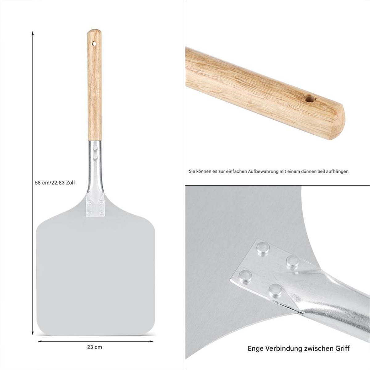 Eine Metall-Pizzaschaufel mit Holzgriff. Nahaufnahmen zeigen Details des Griffs und die Verbindung zur Schaufel.