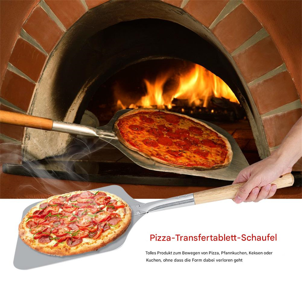 Pizzen werden in einem Holzofen gebacken, mit einem Pizzaschieber.