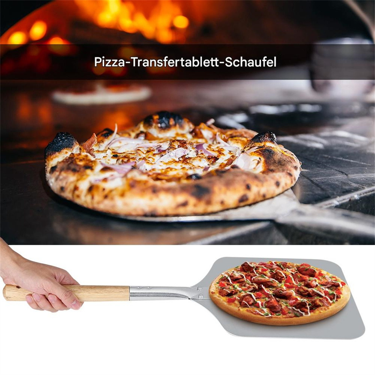 Pizza auf einer Schaufel, mit einem Holzofen im Hintergrund.