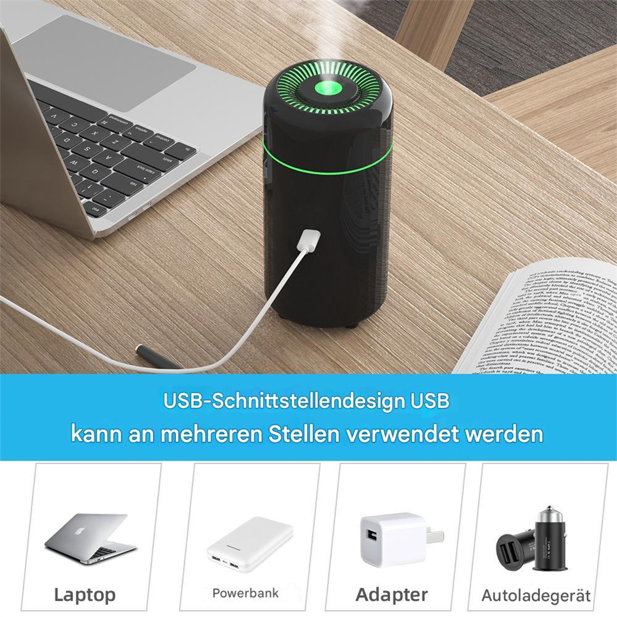 Schwarzer Luftbefeuchter mit grünem Ring und Laptop, Powerbank, Adapter und Autoladegerät.