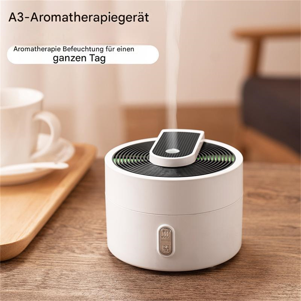 Weißer Aromatherapie-Diffusor mit Fernbedienung auf einem Holztisch, mit Text.