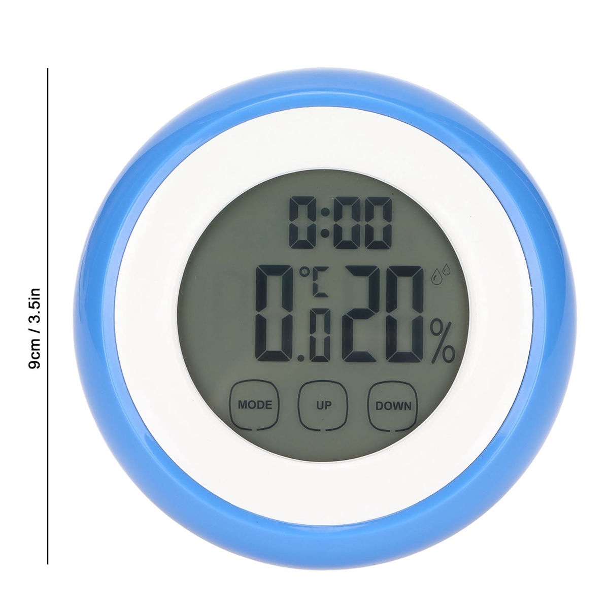 Digitales Thermometer mit blauem Rahmen. Zeigt Temperatur und Luftfeuchtigkeit an. Tasten für Modi und Einstellungen.