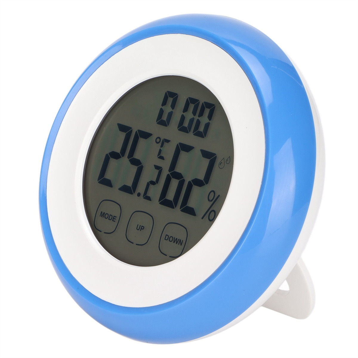 Blaues und weißes digitales Thermometer, das Temperatur und Luftfeuchtigkeit anzeigt. Mit Modus-, Auf- und Ab-Tasten.