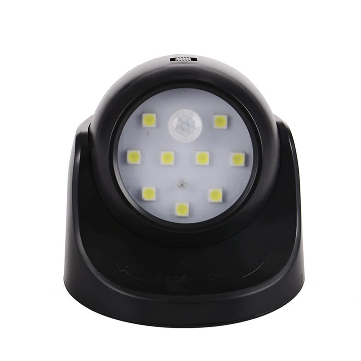 Schwarzes LED-Bewegungssensorlicht. Es hat eine abgerundete Oberseite mit Licht und Sensor.