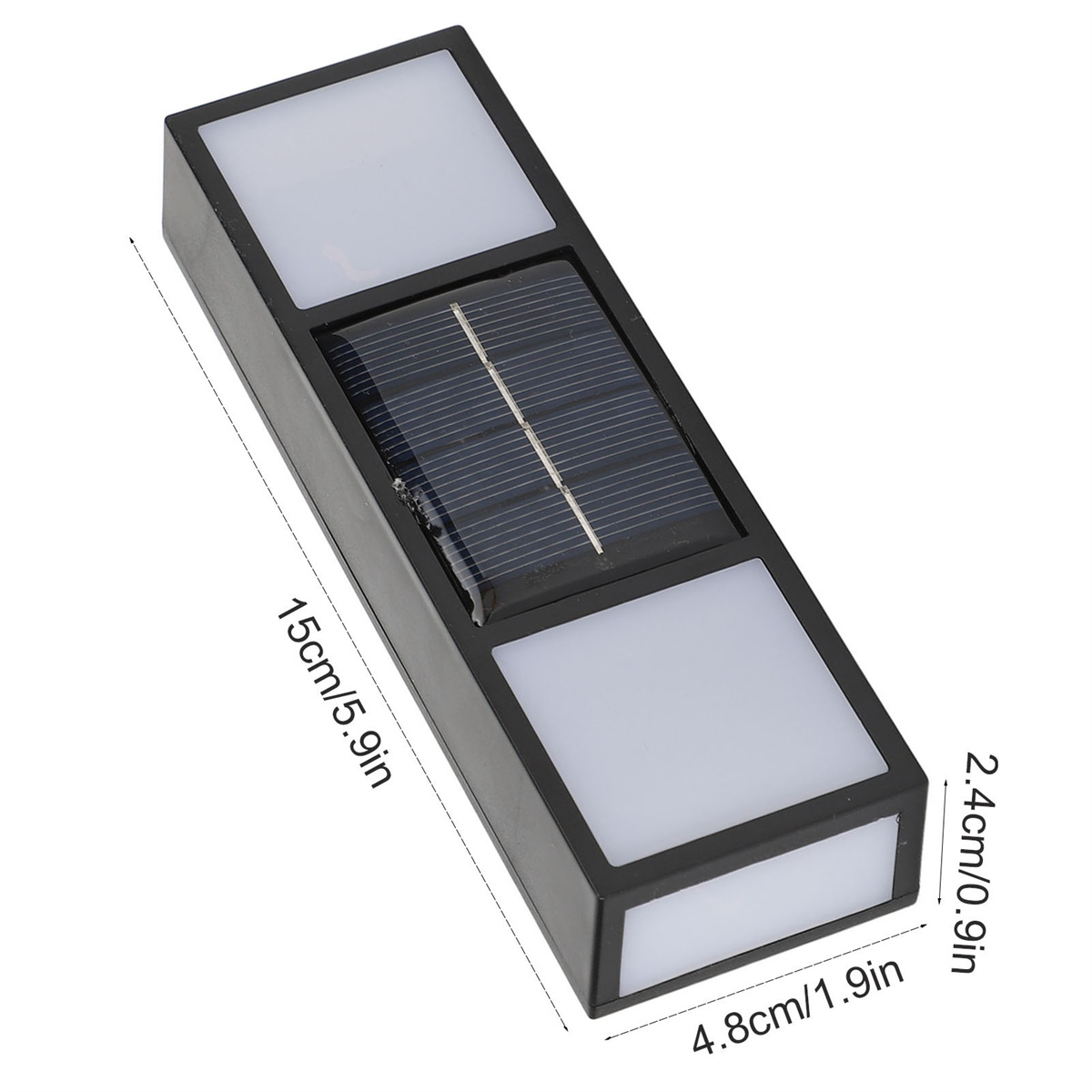Schwarze rechteckige Solarleuchte mit weißen Lichtabschnitten und einem Solarpanel in der Mitte, mit Abmessungen.