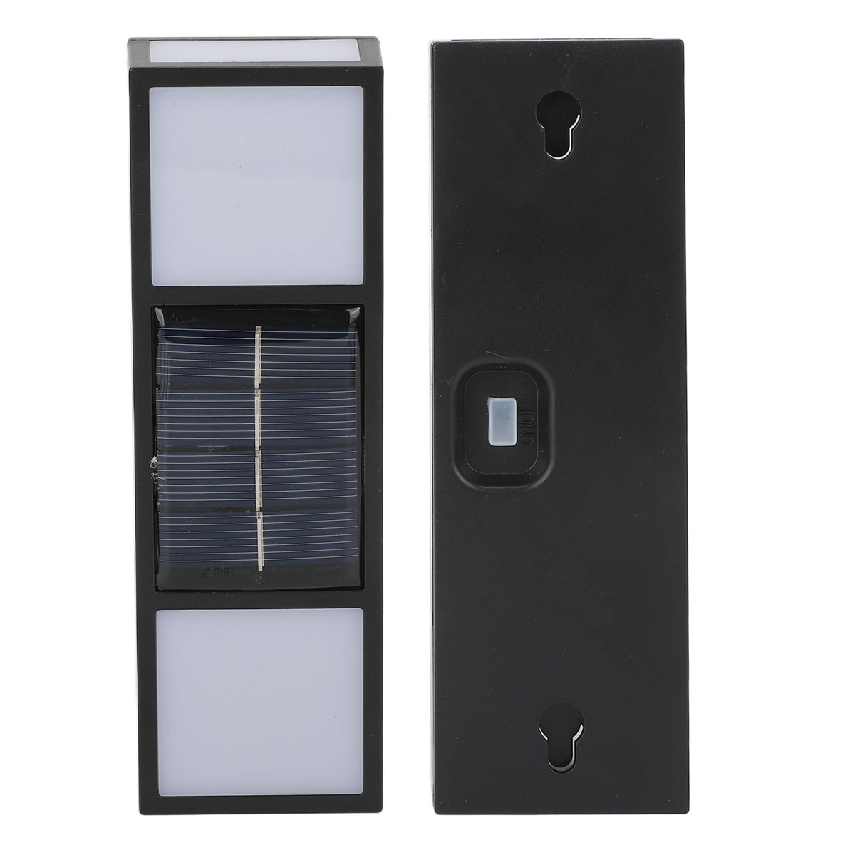 Solarbetriebene Wandleuchten mit schwarzem Rahmen, weißen Paneelen und einem Solarpanel in der Mitte, Nahaufnahme.