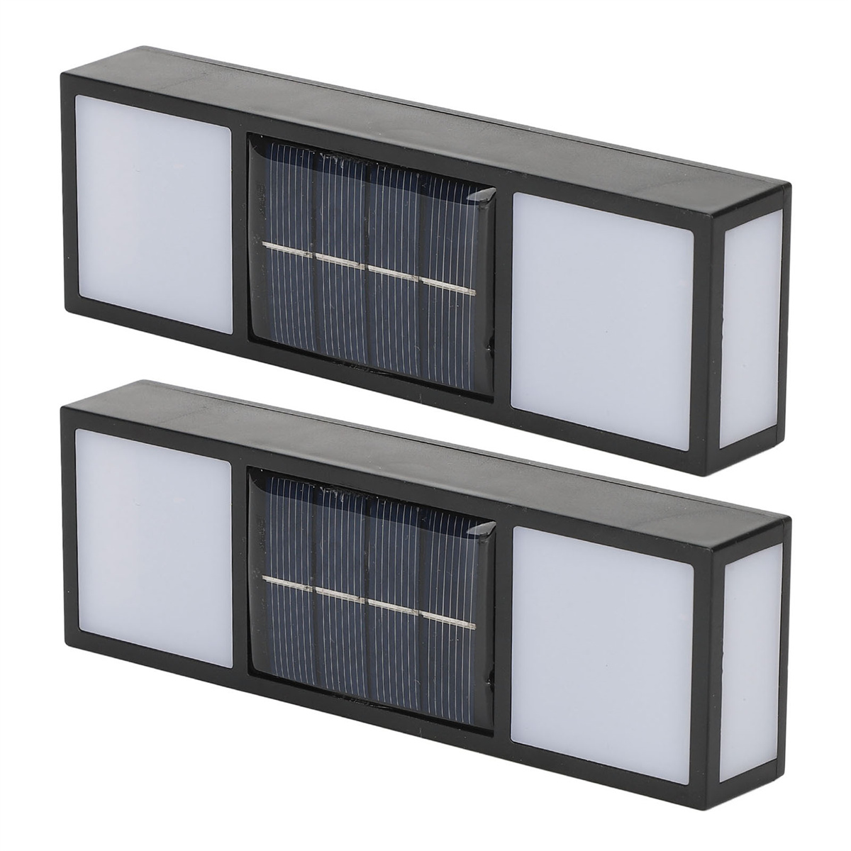 Zwei schwarze Solarleuchten, jede mit drei weißen Lichtpaneelen.