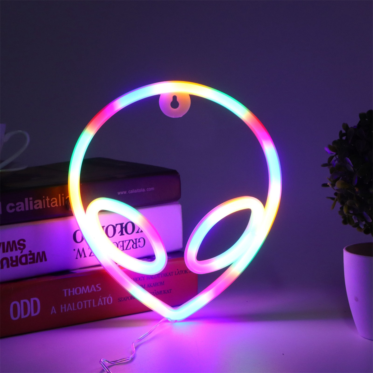 Neon-Alien-Kopf-Schild mit Regenbogenfarben. Es hängt an einer Wand, darunter Bücher und eine Pflanze.