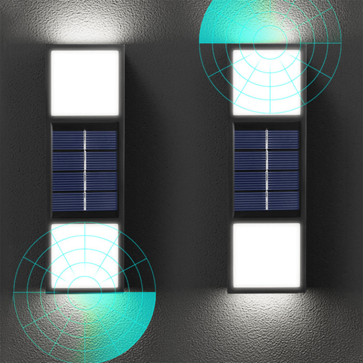 Zwei solarbetriebene Wandleuchten auf dunklem Hintergrund, mit Erfassungsbögen.