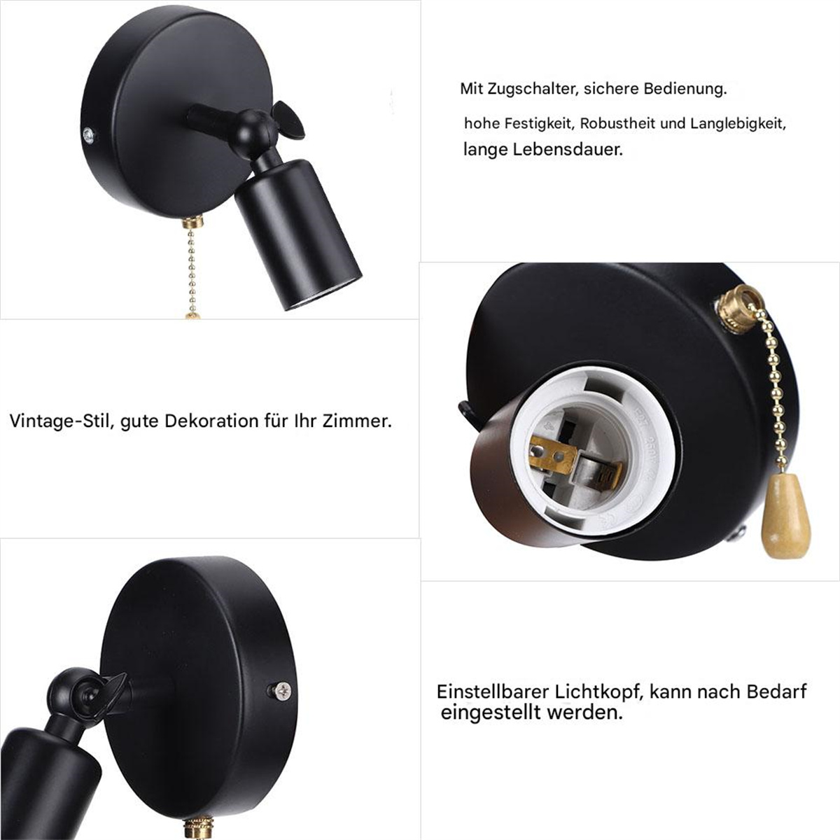 Schwarze Wandlampe mit Zugkette, Details und Komponenten.