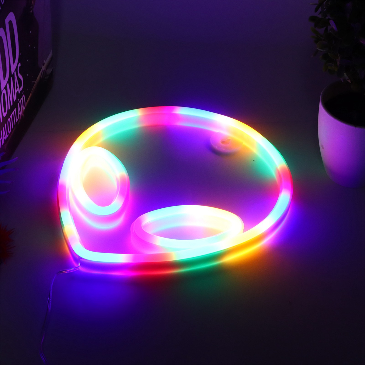 Neon-beleuchtete kreisförmige Röhren mit Regenbogenfarben.