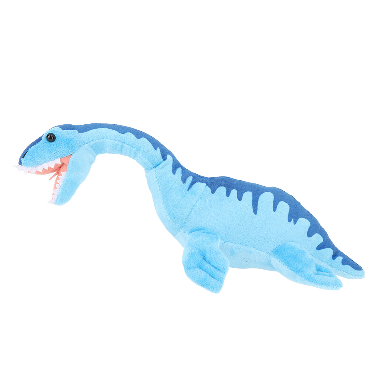 Ein hellblaues Plüsch-Dinosaurierspielzeug mit langem Hals und offenem Mund.