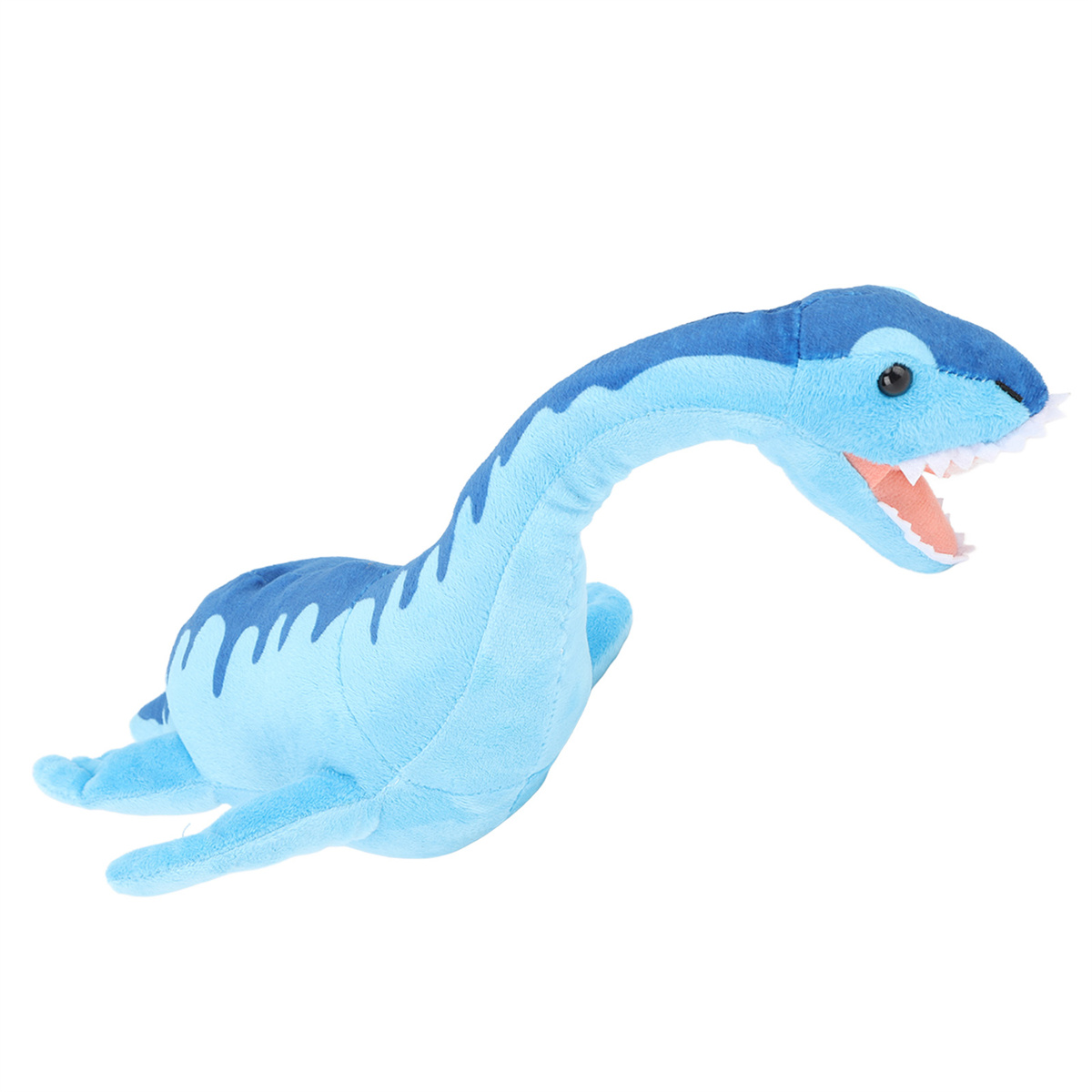Blaues Plüsch-Dinosaurier mit langem Hals und hellblauen Streifen. Mund offen, Zähne sichtbar.