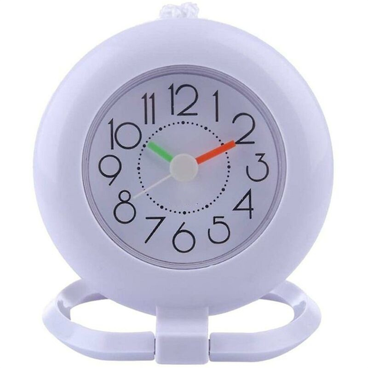 Weiße wasserdichte Uhr mit schwarzen Zahlen und Zeigern auf weißem Hintergrund.
