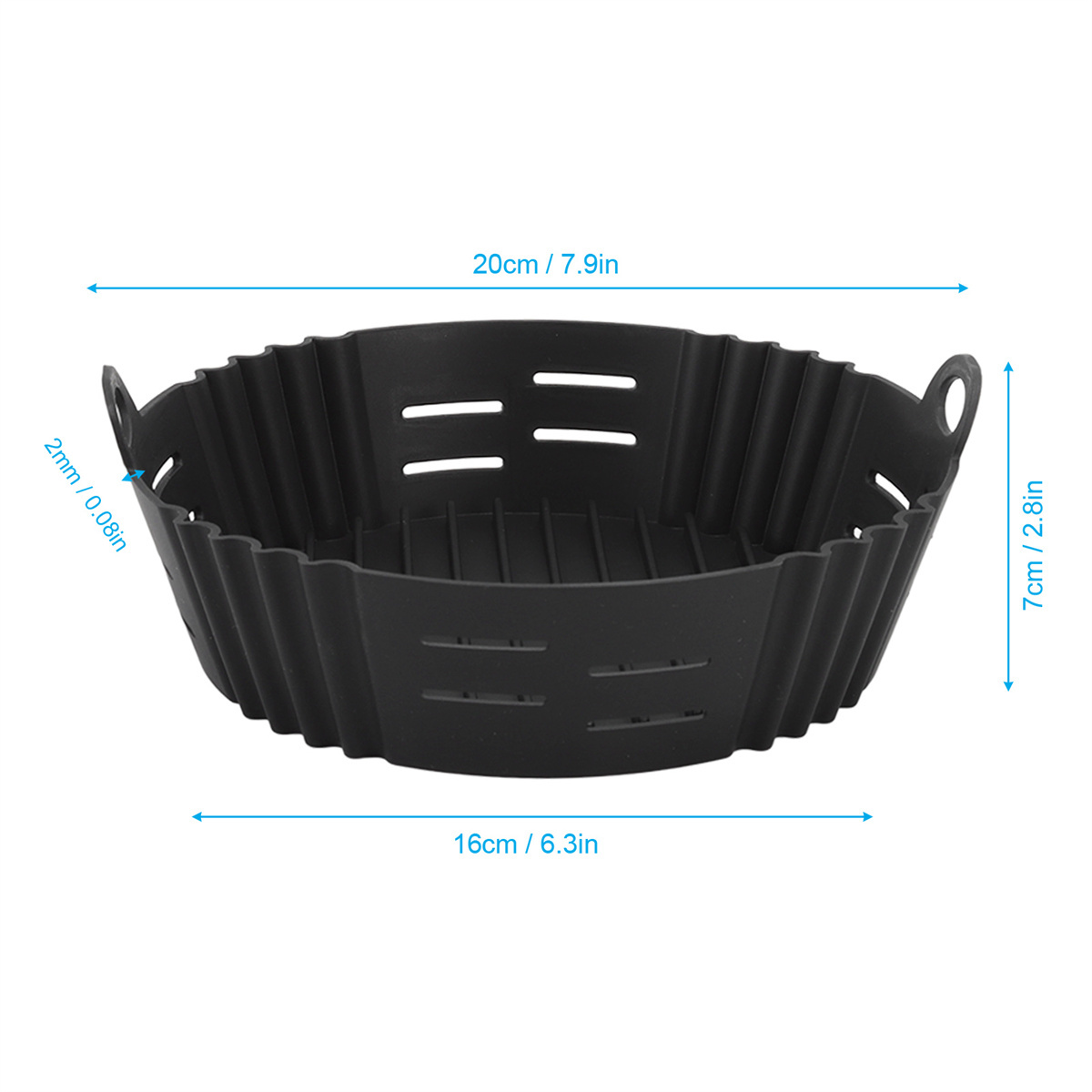 Schwarzer Silikon-Airfryer-Korb mit Abmessungen in Zoll und cm beschriftet.