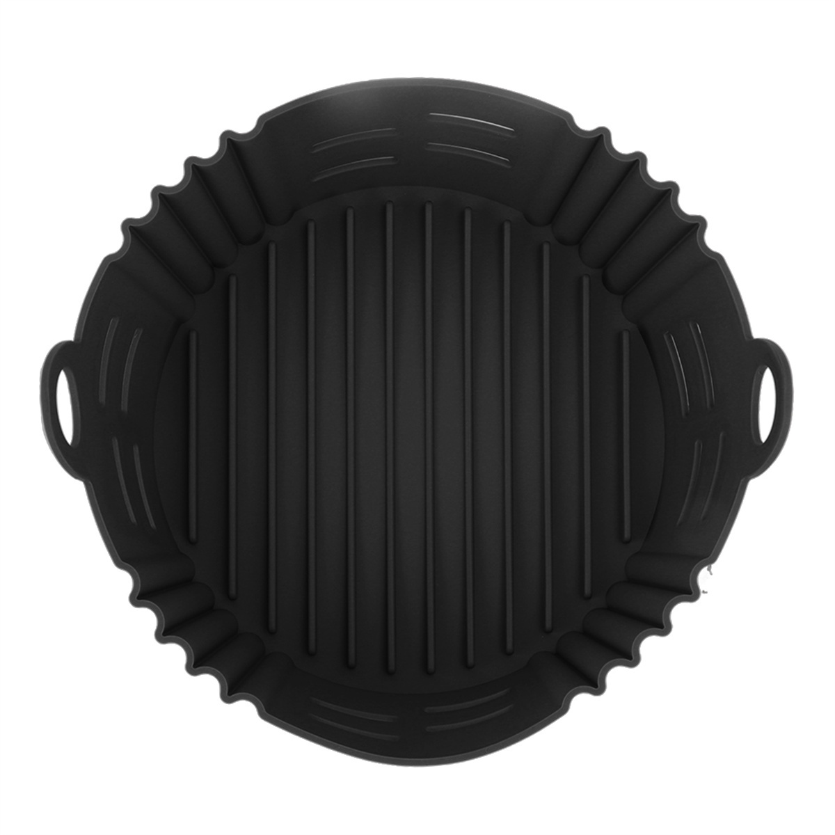 Schwarzer Silikon-Airfryer-Korb mit geriffelten Seiten und Griffen. Draufsicht.