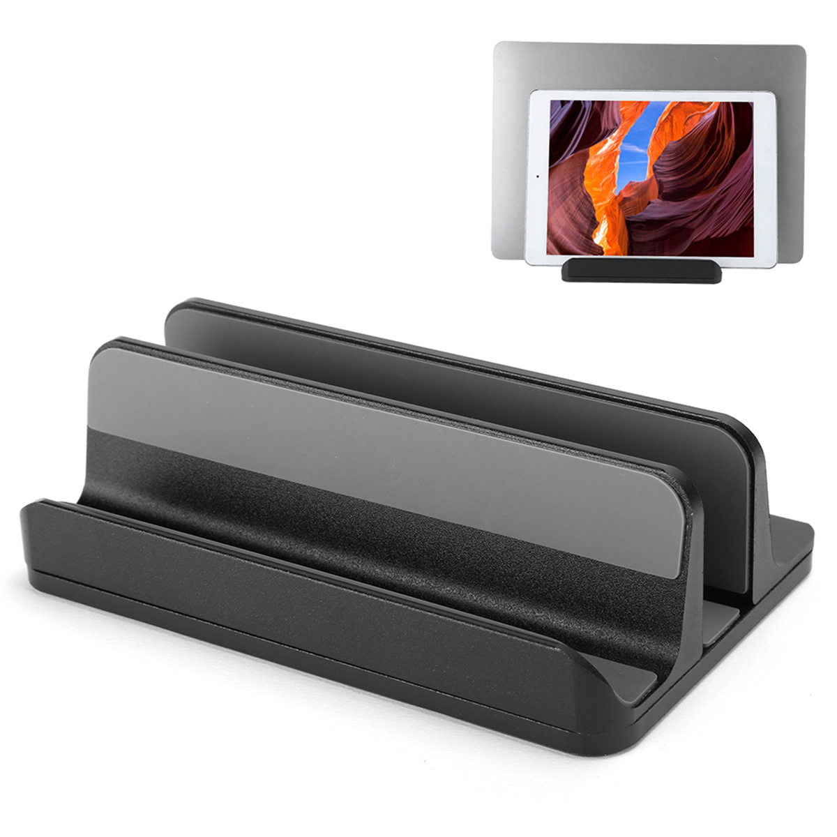 Schwarzer und grauer Tablet-Ständer, der ein Tablet mit malerischer Aussicht hält.