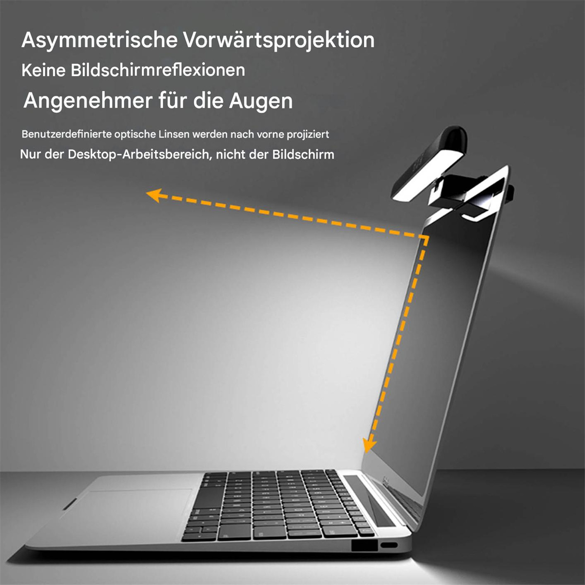 Ein Laptop mit einer Lichtleiste darüber, die die Lichtrichtung veranschaulicht.