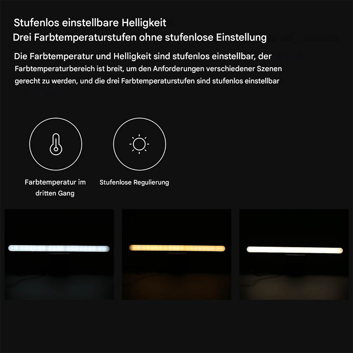 Diagramm der Beleuchtung mit drei Lichteinstellungen. Symbole und Text beschreiben die Funktionen.