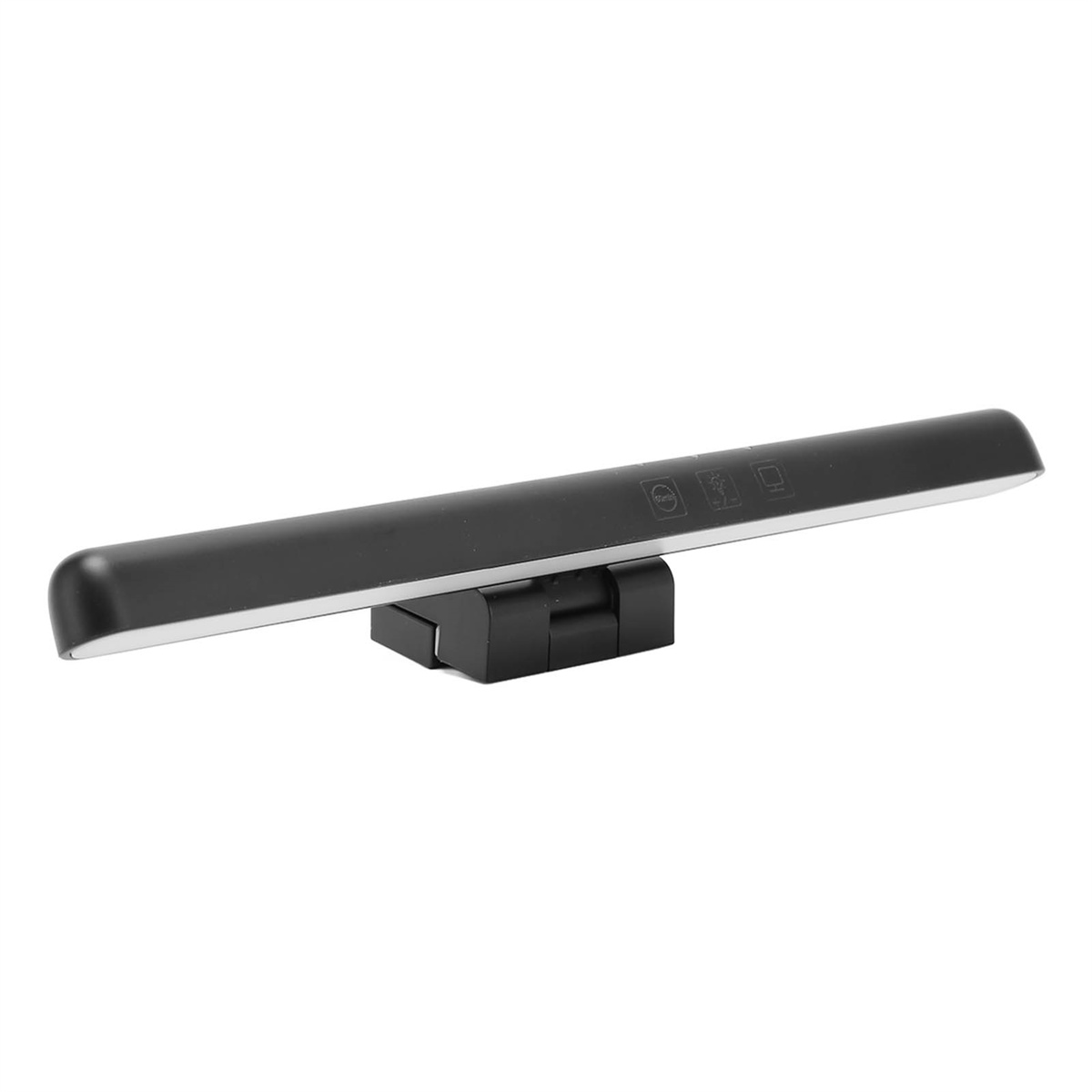 Schwarzer LED-Lichtbalken auf einem schwarzen Ständer, weißer Hintergrund.