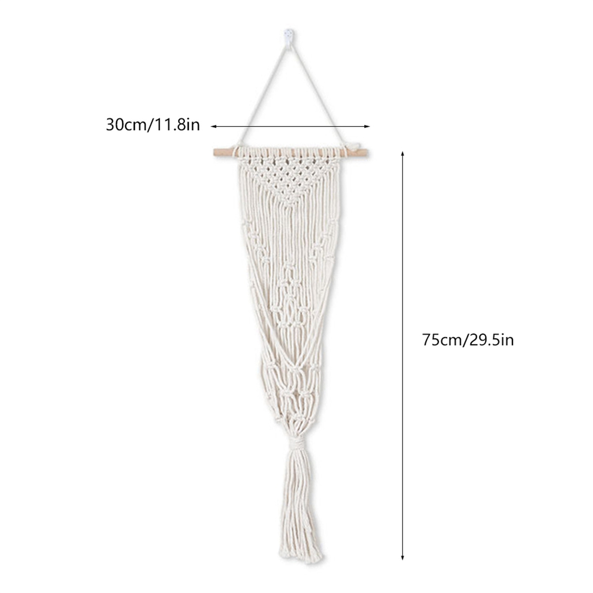 Makramee-Wandbehang mit Holzstange, 30cm/11.8in breit und 75cm/29.5in lang.