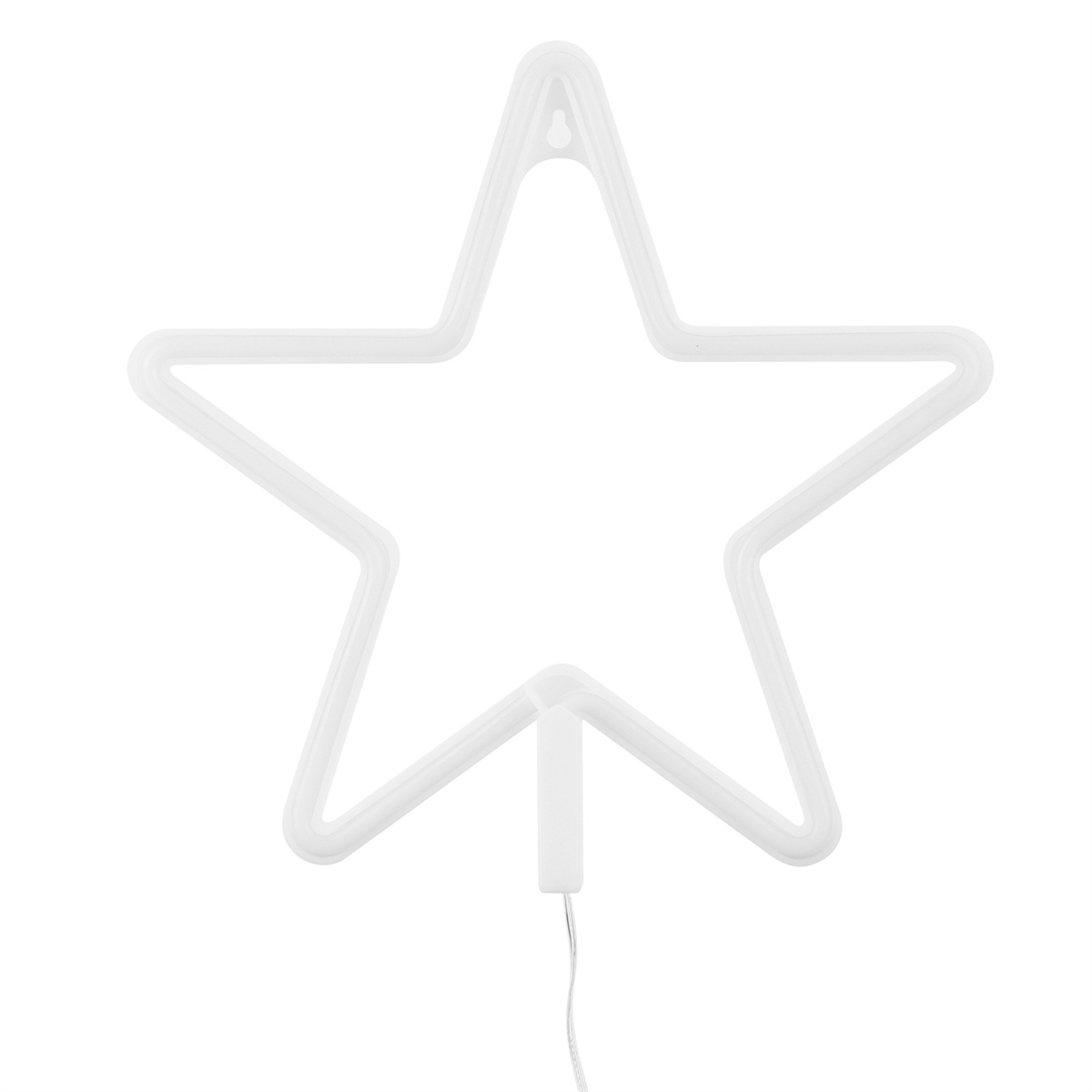 Weiße Neonsternkontur mit Draht und Stecker.