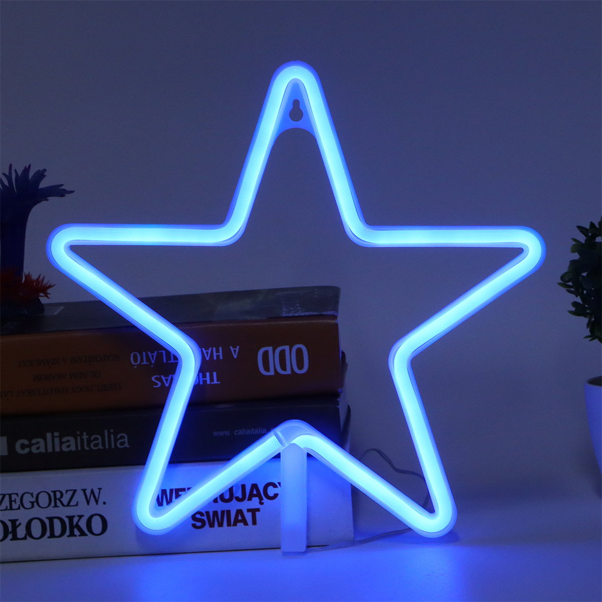 Ein leuchtendes neonblaues Sternzeichen. Es steht auf einem Tisch vor einem Stapel Bücher.