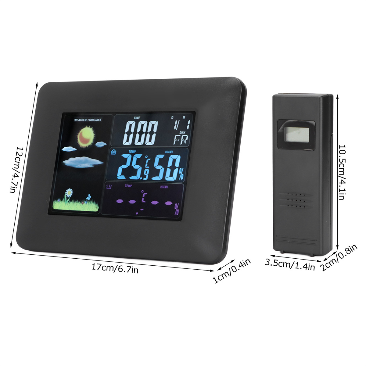 Schwarze Wetterstation mit Abmessungen. Zeigt Wettervorhersage und Temperatur.