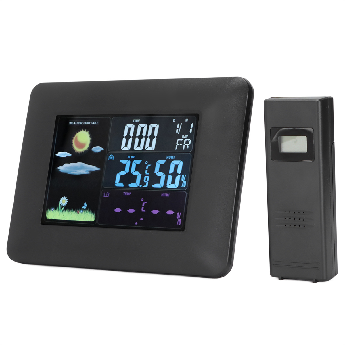 Schwarze Wetterstation mit Anzeige von Zeit, Temp, Luftfeuchtigkeit und Symbolen. Fernbedienung rechts.