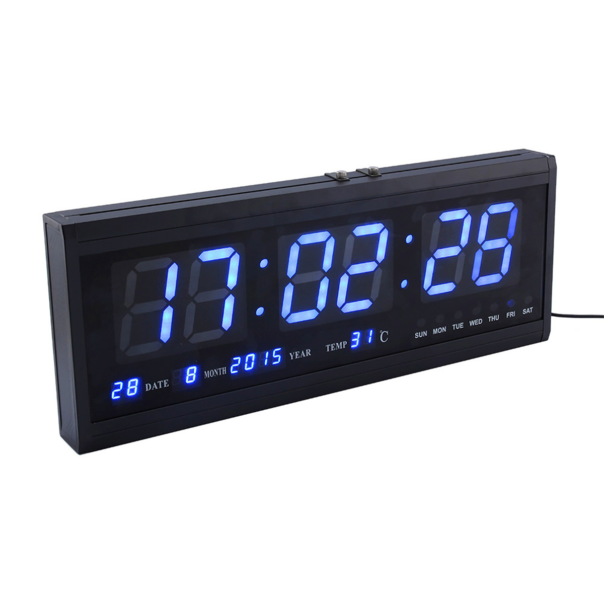 Eine schwarze Digitaluhr, die Zeit, Datum und Temperatur anzeigt.