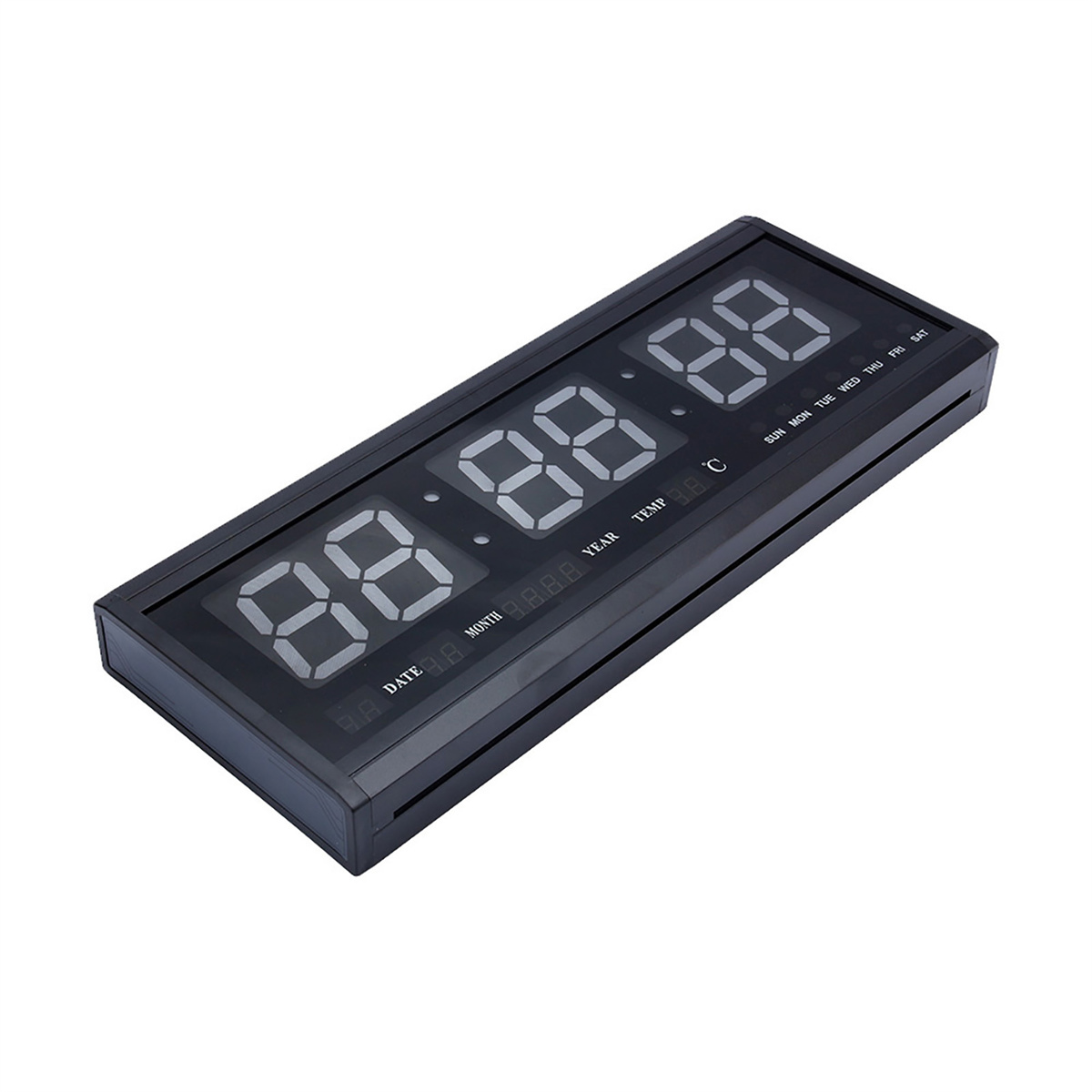 Schwarze Digitaluhr, die Datum, Uhrzeit und Temperatur anzeigt. Sie hat einen schwarzen Rahmen.