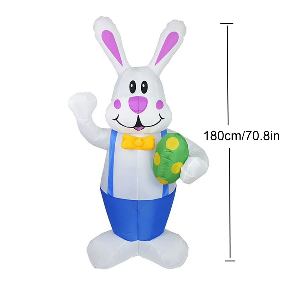 Aufblasbarer Osterhase mit Ei, blauer Hose und gelber Fliege.
