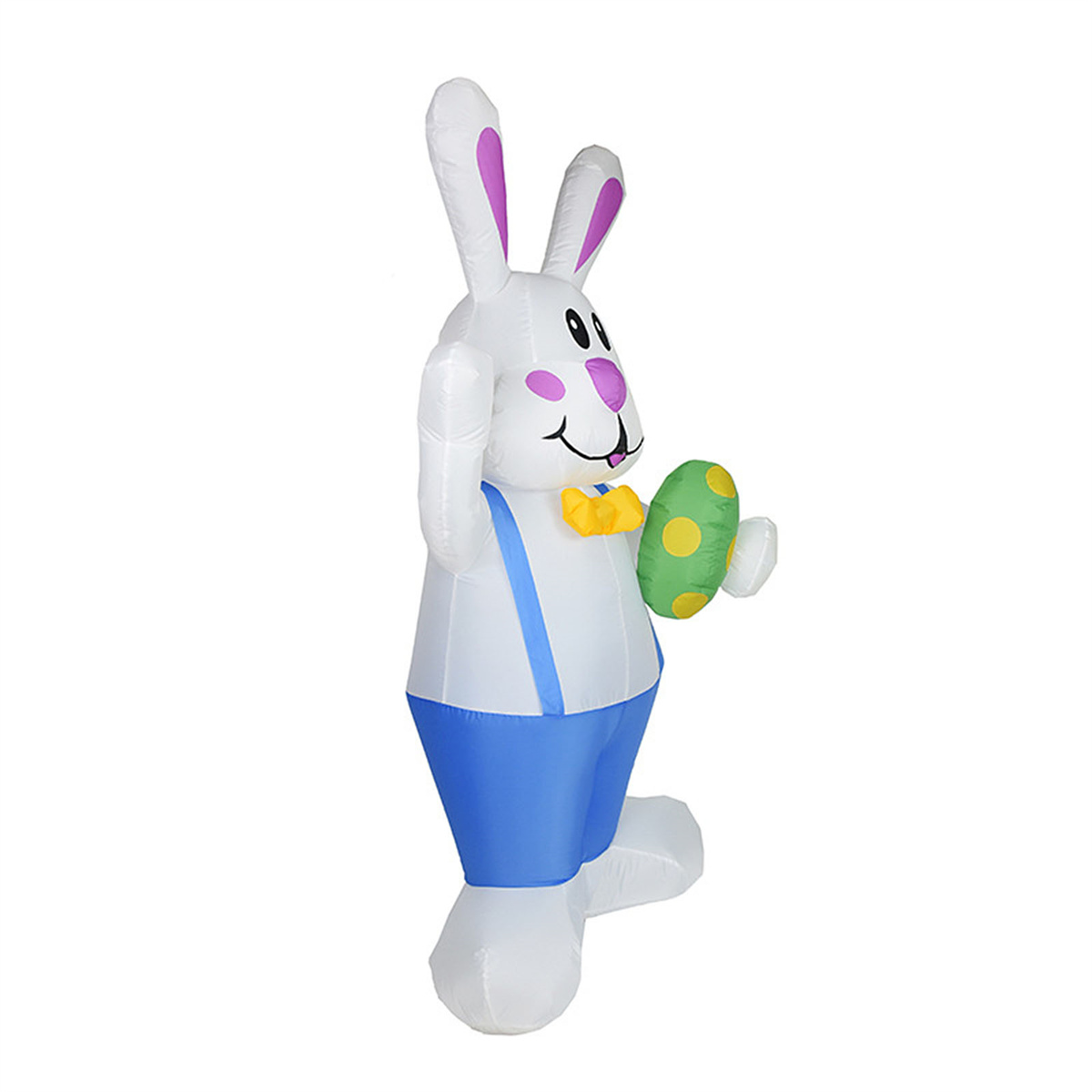 Aufblasbarer Osterhase mit blauer Hose, der ein grünes Ei hält. Er ist weiß mit rosa Ohren.