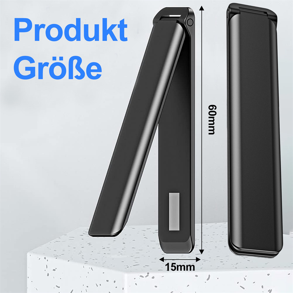 Ein schwarzes Gerät in zwei Positionen, offen und geschlossen. Der Text 'Produkt Größe' ist sichtbar.