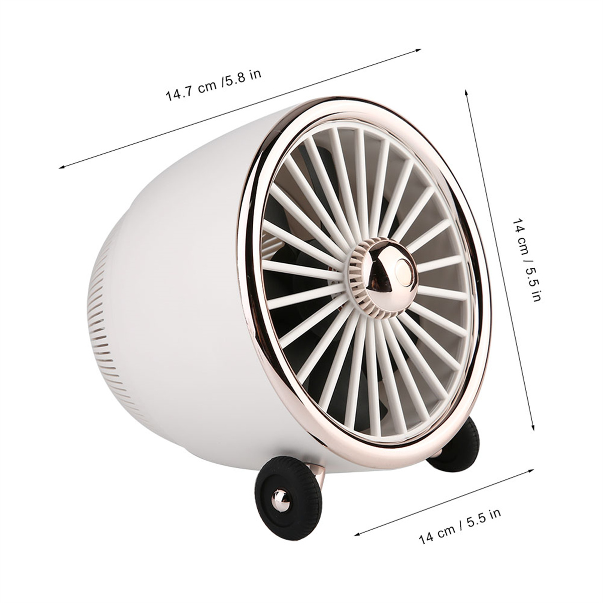 Weißer und roségoldener Ventilator mit Rädern. Es hat Abmessungen auf dem Bild beschriftet.