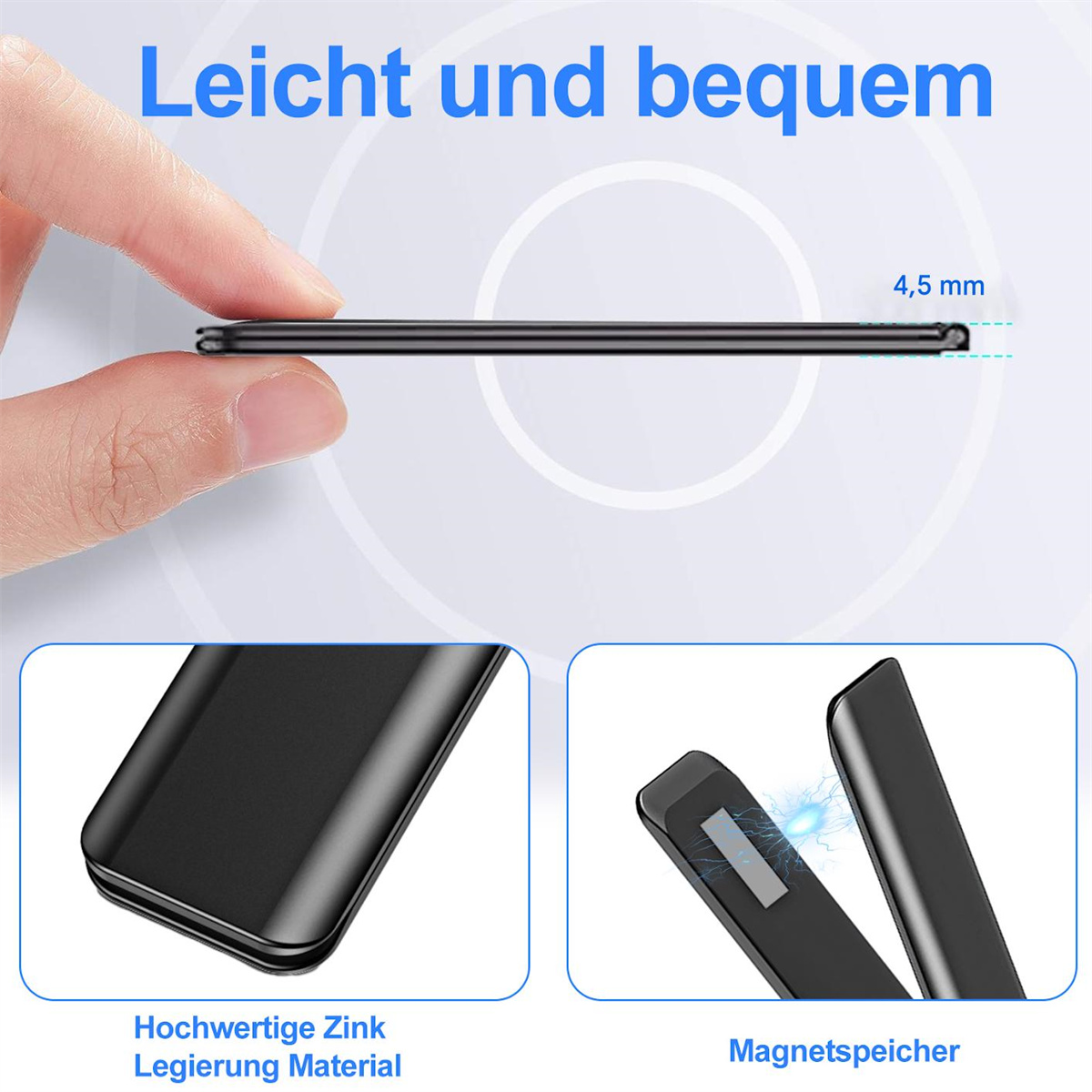 Nahaufnahme eines schlanken schwarzen Geräts mit Bildschirm und Text, daneben ein Diagramm desselben Geräts.