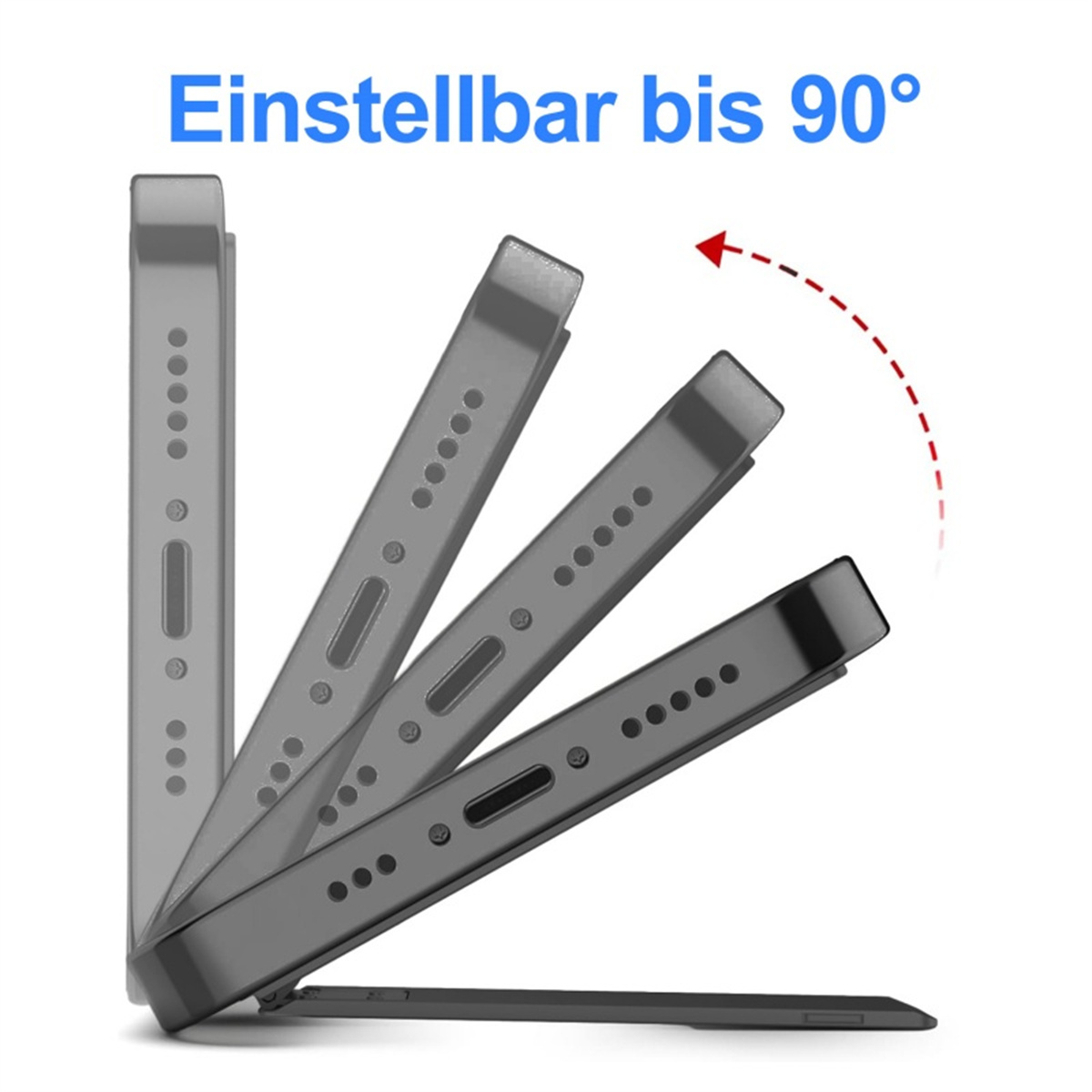 Schwarze Handyhülle mit verstellbarem Winkel. Mehrere Positionen und ein roter Pfeil.
