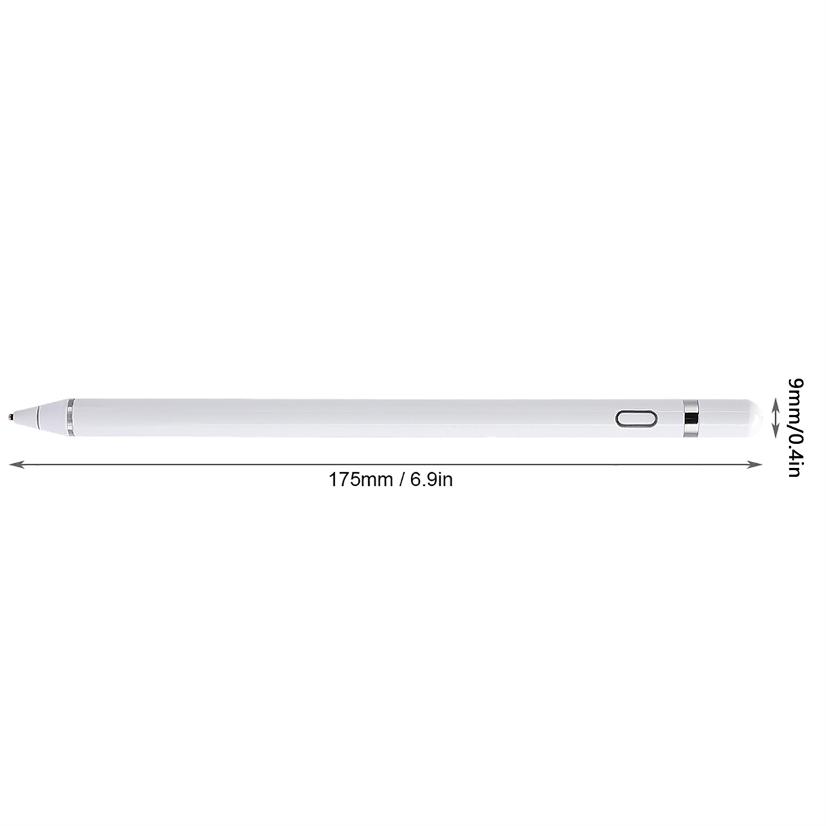 Weißer Stylus-Stift mit einer Länge von 175 mm / 6,9 Zoll und einer Dicke von 9 mm / 0,4 Zoll.
