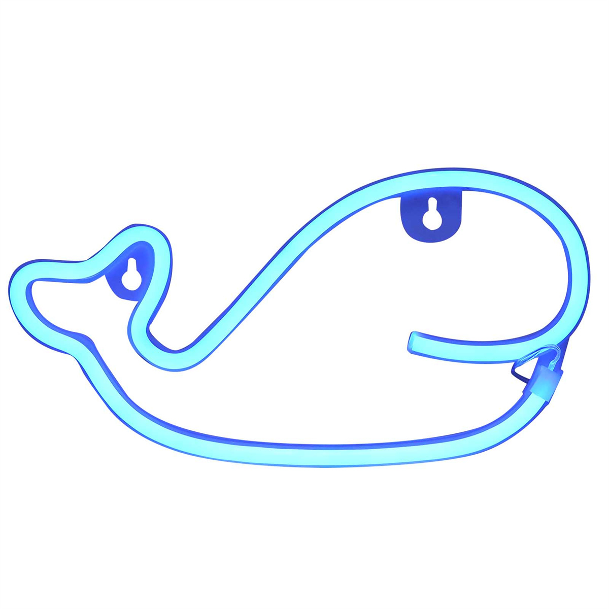 Blaues Wal-Neon-Schild. Es hat eine Walform mit blauem Neonlicht und zwei Aufhängehaken.