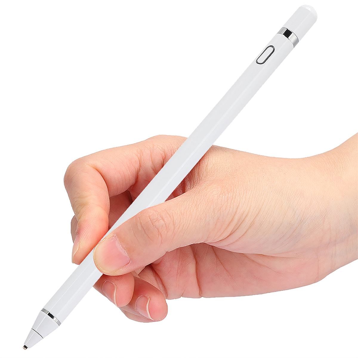 Ein weißer Stift in einer Hand. Der Stift ist an der Spitze und am oberen Ende silberfarben.