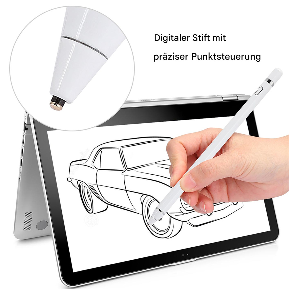 Person zeichnet mit einem Stift auf einem Tablet. Stift und Tablet sind weiß.