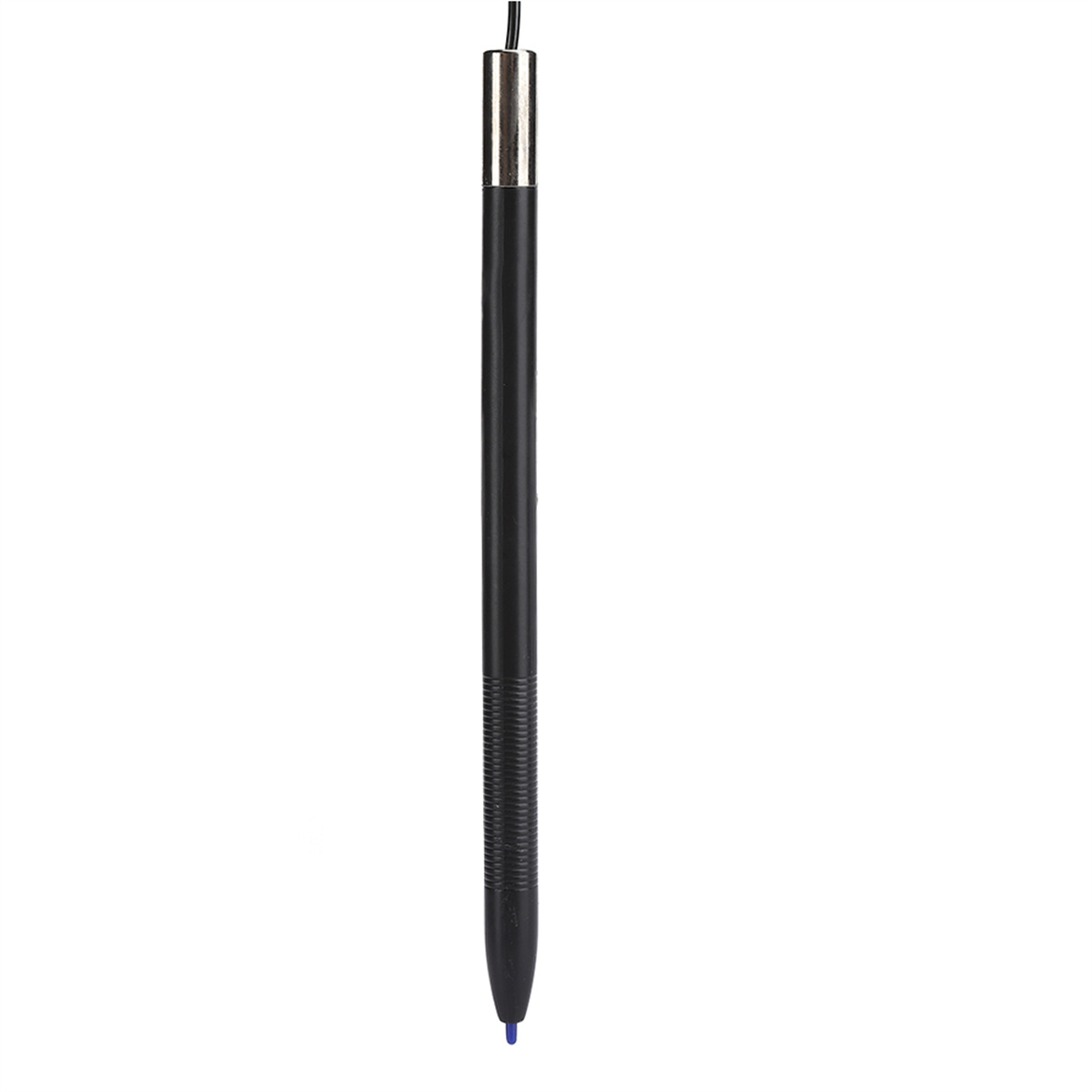 Schwarzer Stift mit silberner Spitze und gerilltem Griff. Er hat ein schwarzes Kabel.