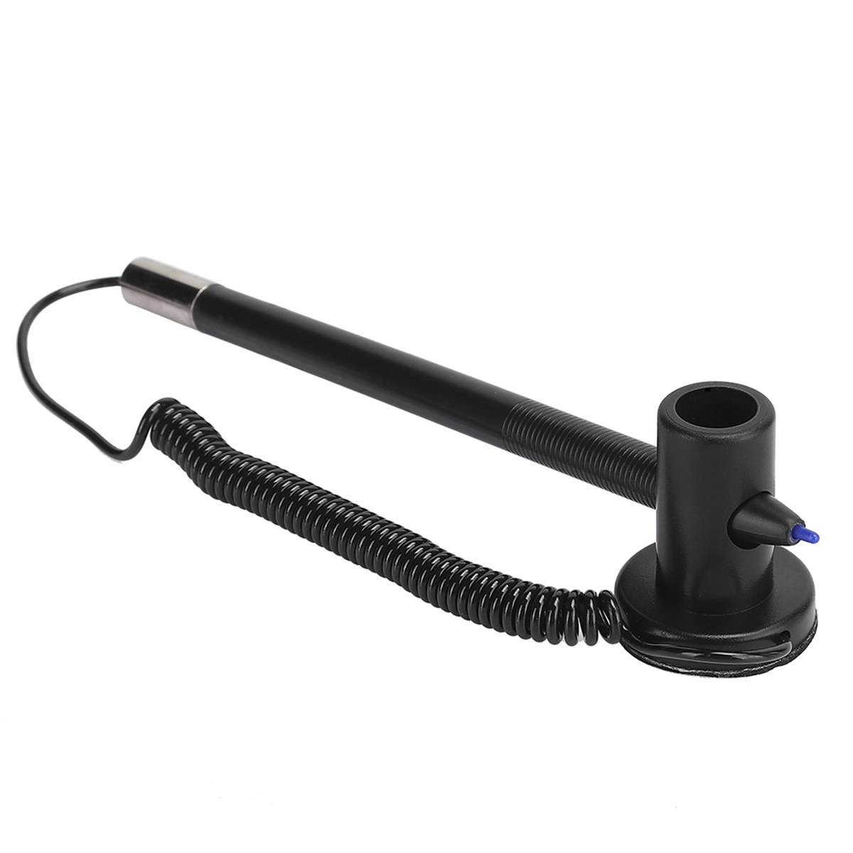 Ein schwarzes medizinisches Otoskop mit flexiblem Kabel und blauem Licht.