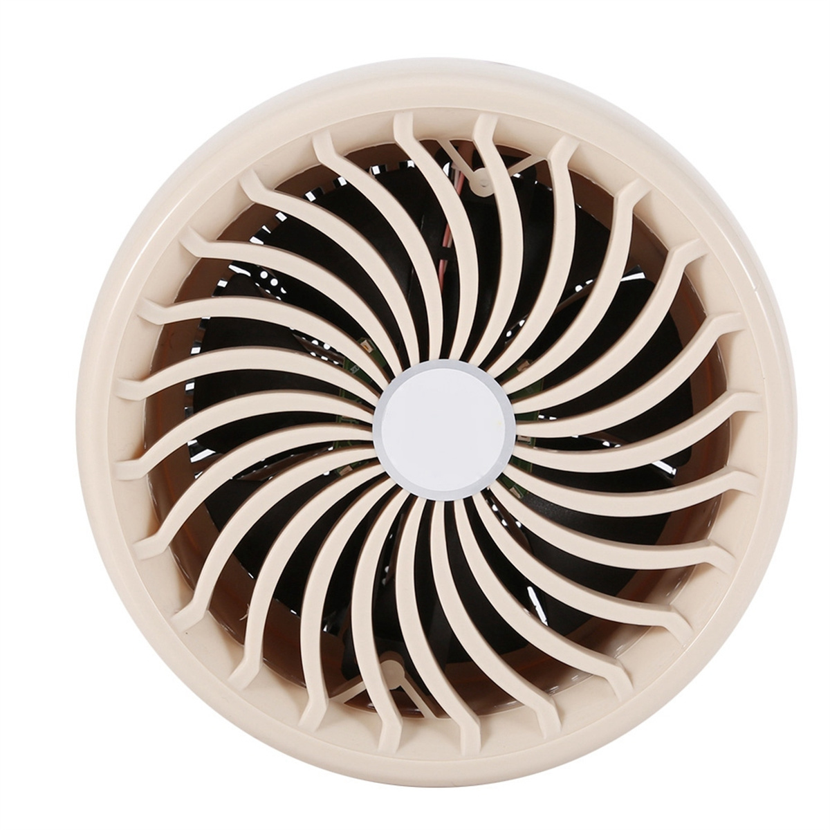 Ein cremefarbener Ventilator mit kreisförmiger Form. Er hat gebogene Innenstrukturen.