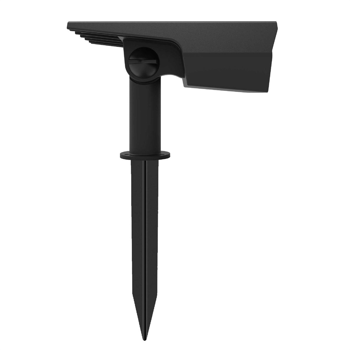 Schwarze Solar-Gartenleuchte mit Pfahl. Sie hat oben ein rechteckiges Lichtpaneel.