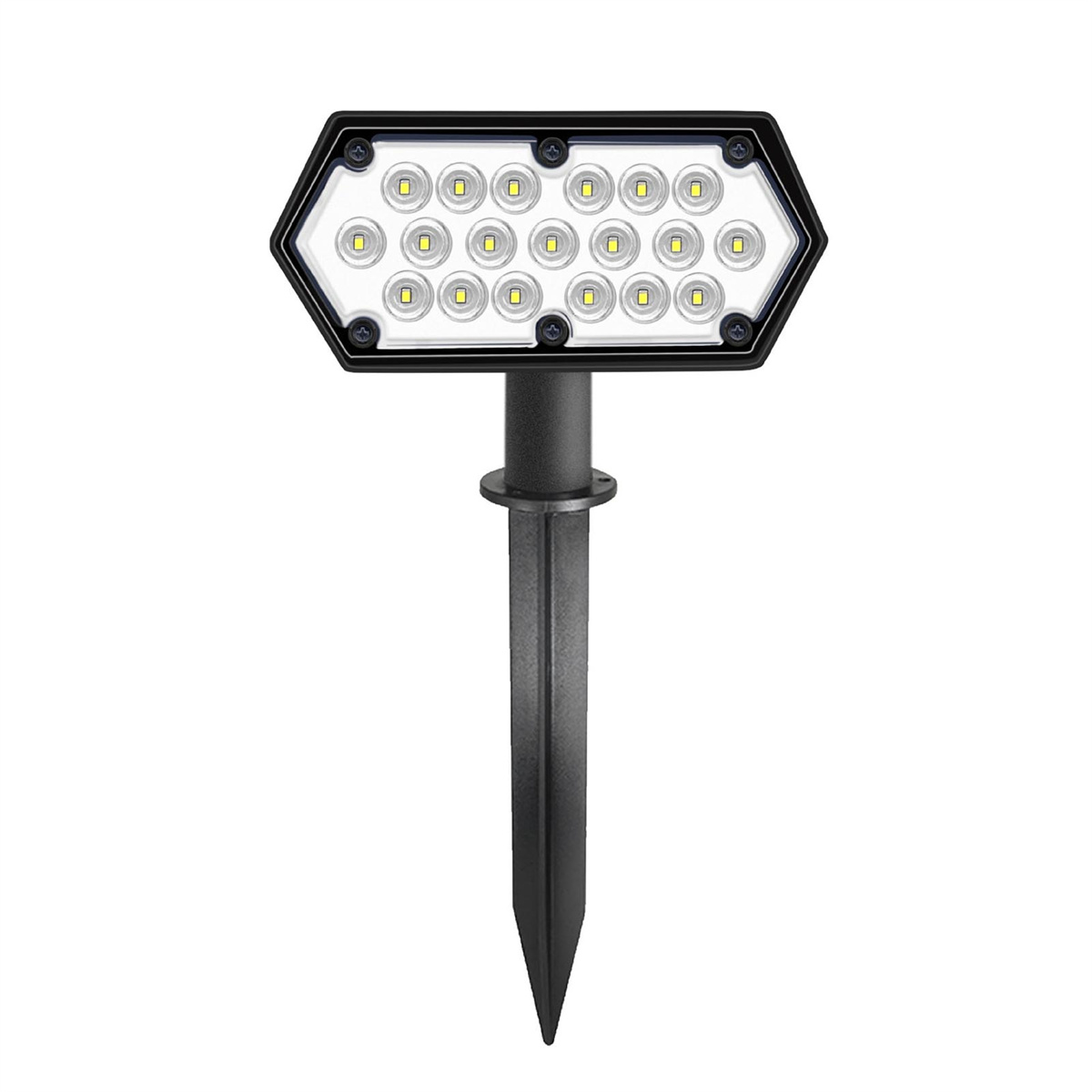Schwarze LED-Außenleuchte mit sechseckigem Kopf und Pfahl. Sie hat mehrere kleine LED-Leuchten.